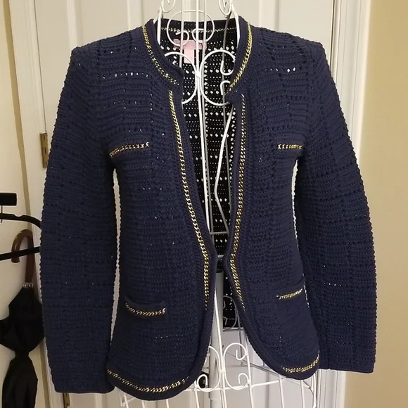 Lilly Pulitzer blue sweater accented with golden chain Details. Size Small - Picture 1 of 12